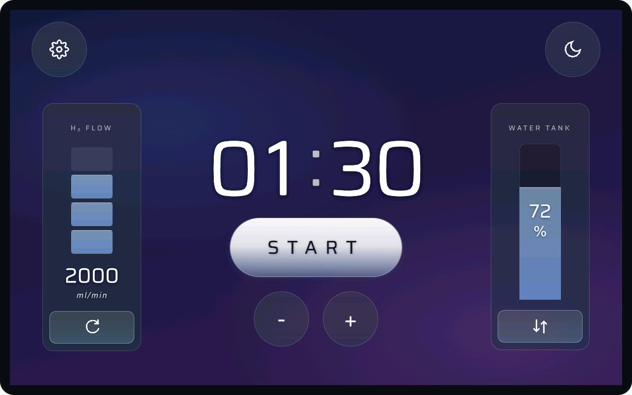 AQUREの運転開始前画面。START操作が可能な待機状態